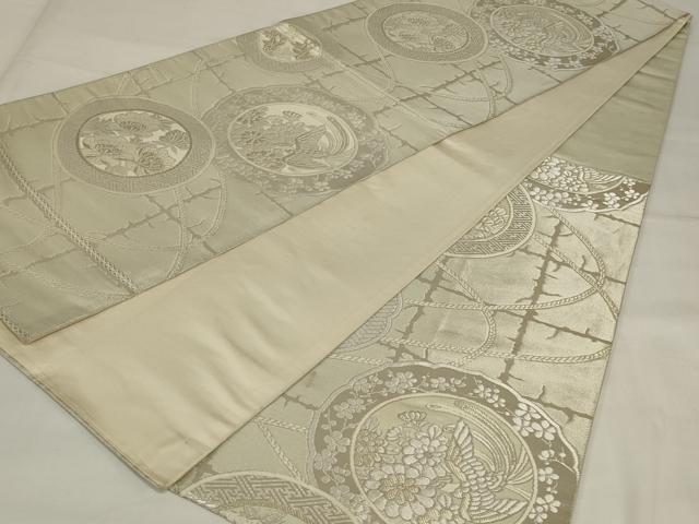 平和屋着物◎六通柄袋帯 鳳凰花絵皿文 銀糸 正絹 逸品 AABI6826ou