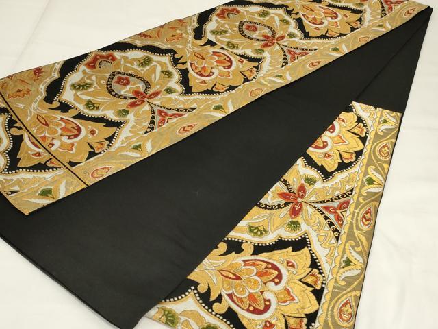平和屋着物◎六通柄袋帯 唐織 更紗花文 黒地 金糸 正絹 逸品 AABI6827ou