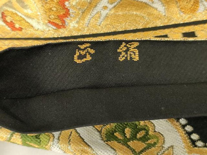 平和屋着物◎六通柄袋帯 唐織 更紗花文 黒地 金糸 正絹 逸品 AABI6827ou