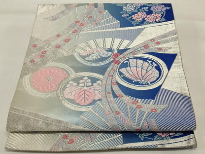平和屋着物◎六通柄袋帯 唐織 花蝶文 銀糸 正絹 逸品 AABI6828ou