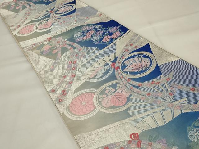 平和屋着物◎六通柄袋帯 唐織 花蝶文 銀糸 正絹 逸品 AABI6828ou
