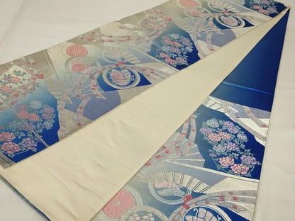 平和屋着物◎六通柄袋帯 唐織 花蝶文 銀糸 正絹 逸品 AABI6828ou