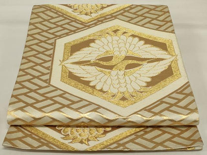 平和屋着物◎六通柄袋帯 唐織 亀甲双鶴文 金糸 正絹 逸品 AABI6829ou