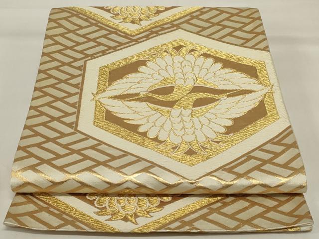 平和屋着物◎六通柄袋帯 唐織 亀甲双鶴文 金糸 正絹 逸品 AABI6829ou