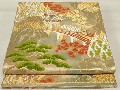 平和屋着物◎六通柄袋帯　唐織　風景松文　金銀糸　正絹　逸品　AABI6830ou