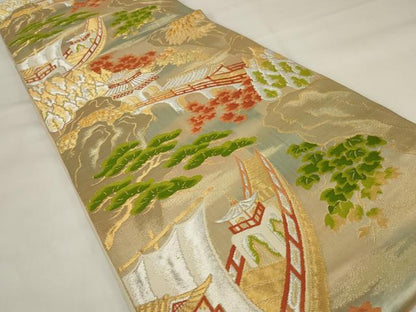 平和屋着物◎六通柄袋帯　唐織　風景松文　金銀糸　正絹　逸品　AABI6830ou