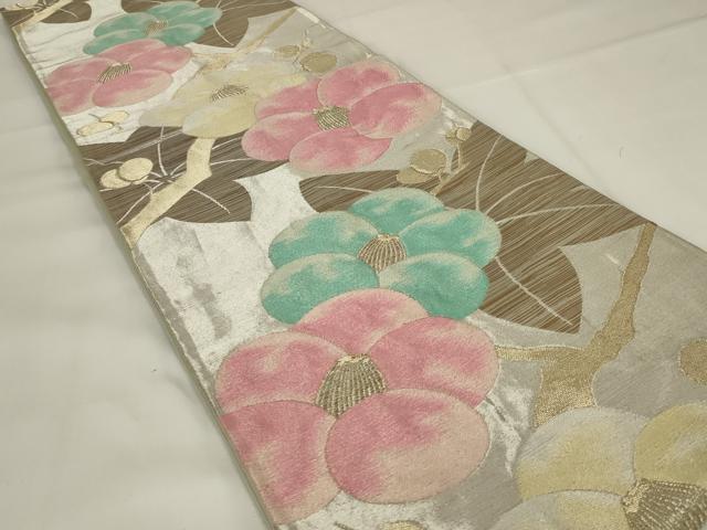 平和屋着物◎六通柄袋帯 椿 金銀糸 正絹 逸品 AABI6832ou