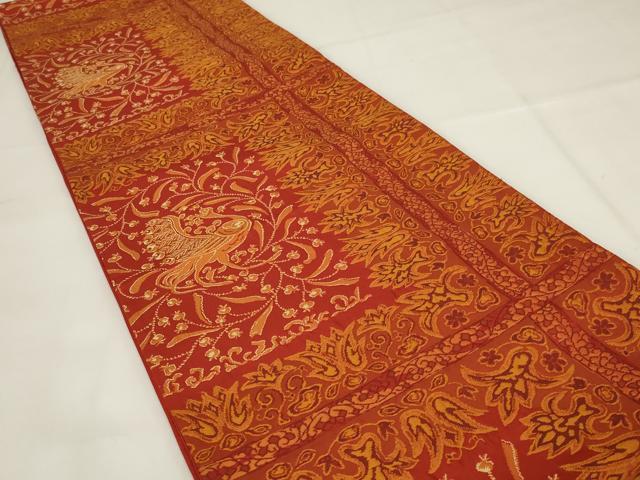 平和屋着物◎六通柄袋帯　孔雀花文　正絹　逸品　AABI6833ou