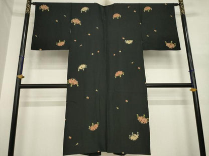 平和屋着物●長襦袢　袷　扇面花文　黒地　金彩　正絹　逸品　AABI6847ck