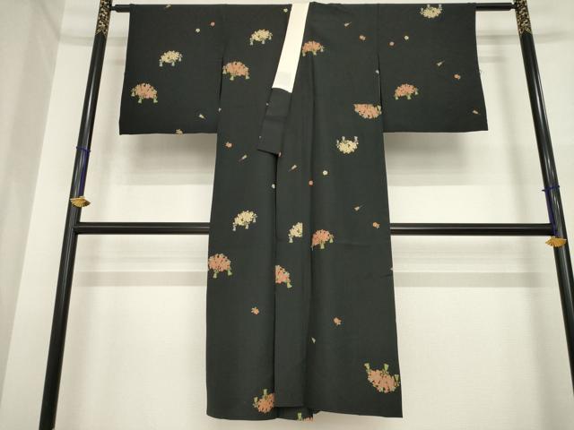平和屋着物●長襦袢　袷　扇面花文　黒地　金彩　正絹　逸品　AABI6847ck