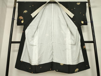 平和屋着物●長襦袢　袷　扇面花文　黒地　金彩　正絹　逸品　AABI6847ck