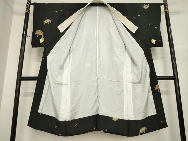平和屋着物●長襦袢　袷　扇面花文　黒地　金彩　正絹　逸品　AABI6847ck