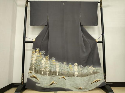 平和屋着物●豪華色留袖　駒刺繍　立波松文　暈し染め　金彩　正絹　逸品　AABI6861ck