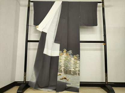 平和屋着物●豪華色留袖　駒刺繍　立波松文　暈し染め　金彩　正絹　逸品　AABI6861ck