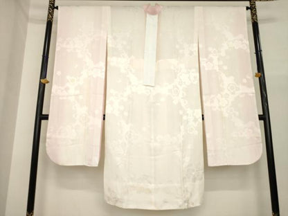 平和屋着物●振袖用長襦袢　無双仕立て　舞梅地紋　暈し染め　半衿刺繍　正絹　逸品　未使用　AABI6885ck