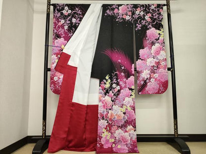 平和屋着物●豪華振袖　刺繍　花唐草文　暈し染め　銀通し地　正絹　逸品　AABI6894ck
