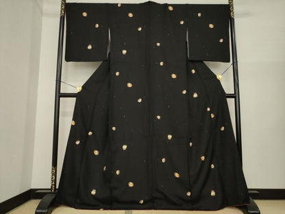 平和屋着物●上質な小紋　貝合わせ絵皿文　黒地　金彩　正絹　逸品　AABI6896ck