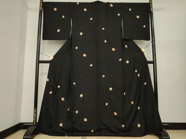 平和屋着物●上質な小紋　貝合わせ絵皿文　黒地　金彩　正絹　逸品　AABI6896ck