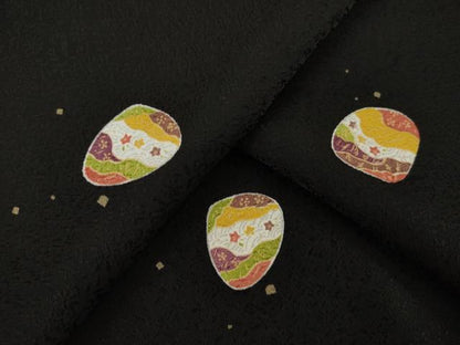 平和屋着物●上質な小紋　貝合わせ絵皿文　黒地　金彩　正絹　逸品　AABI6896ck