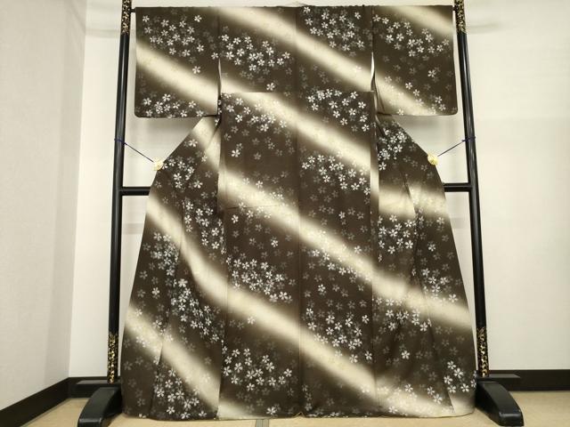 平和屋着物●上質な小紋　螺鈿　斜縞花文　暈し染め　金彩　正絹　逸品　AABI6915ck