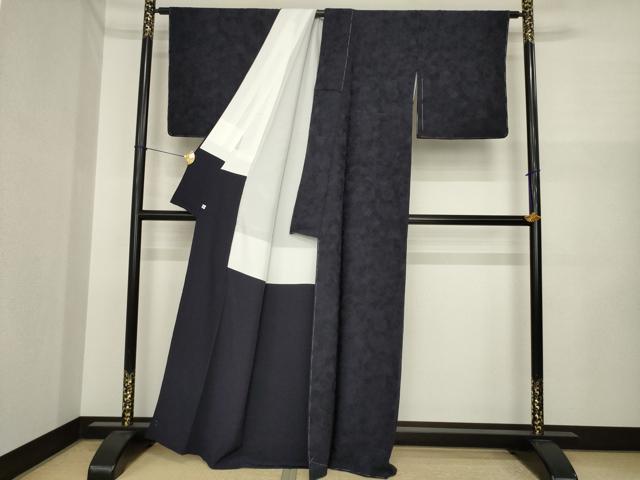 平和屋着物●天目織　お召　花尽くし地紋　藍鉄色　輝凰織　正絹　逸品　未使用　AABI6929ck