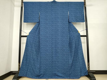 平和屋着物●上質な小紋　紬地　型染め　藍　草花文　正絹　逸品　AABI6934ck