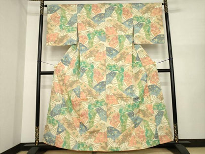 平和屋着物●小千谷紬　扇面花文　正絹　逸品　AABI6935ck