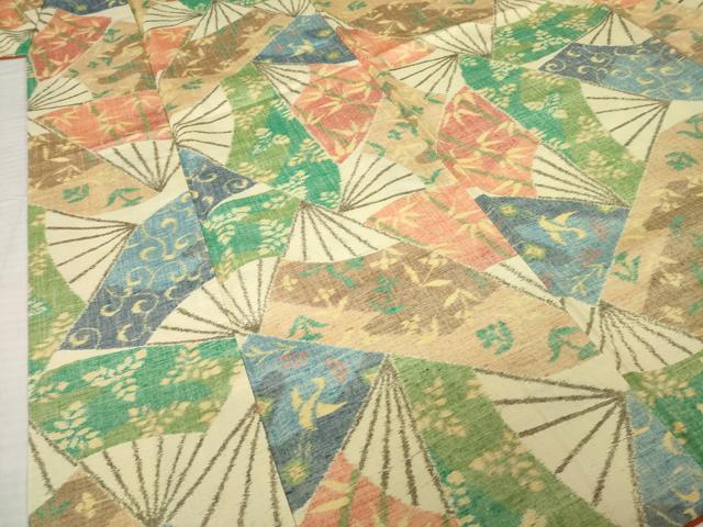 平和屋着物●小千谷紬　扇面花文　正絹　逸品　AABI6935ck