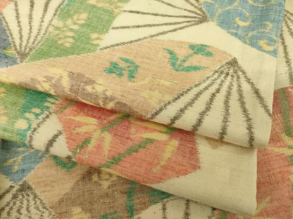 平和屋着物●小千谷紬　扇面花文　正絹　逸品　AABI6935ck