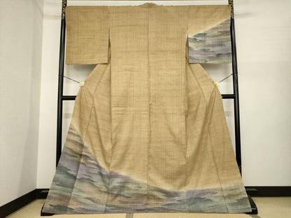 平和屋着物●訪問着　紬地　霞文　暈し染め　ロング丈　正絹　逸品　AABI6939ck