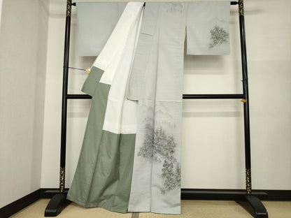 平和屋着物●訪問着　紬地　手描き　風景文　正絹　逸品　AABI6941ck