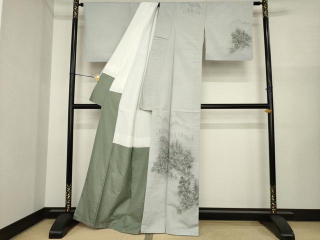 平和屋着物●訪問着　紬地　手描き　風景文　正絹　逸品　AABI6941ck