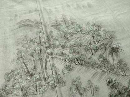 平和屋着物●訪問着　紬地　手描き　風景文　正絹　逸品　AABI6941ck