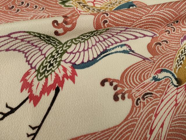 平和屋着物●上質な小紋　紅型　立波飛鶴文　鬼しぼ縮緬　正絹　逸品　AABI6943ck