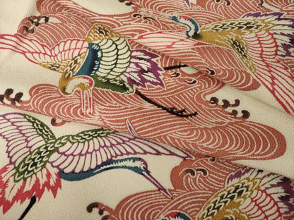 平和屋着物●上質な小紋　紅型　立波飛鶴文　鬼しぼ縮緬　正絹　逸品　AABI6943ck
