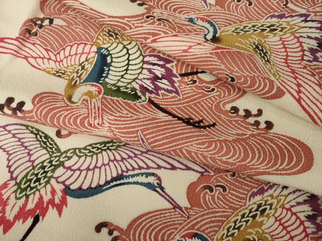 平和屋着物●上質な小紋　紅型　立波飛鶴文　鬼しぼ縮緬　正絹　逸品　AABI6943ck