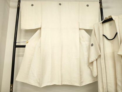 平和屋着物●男性　白紋付・羽織セット　菱文　金糸　正絹　逸品　未使用　AABI6947ck