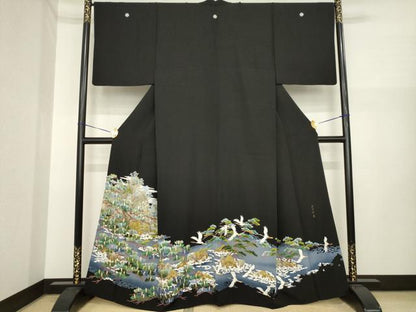 平和屋着物●豪華黒留袖　蘇州刺繍　飛鶴風景松文　正絹　逸品　AABI6955ck