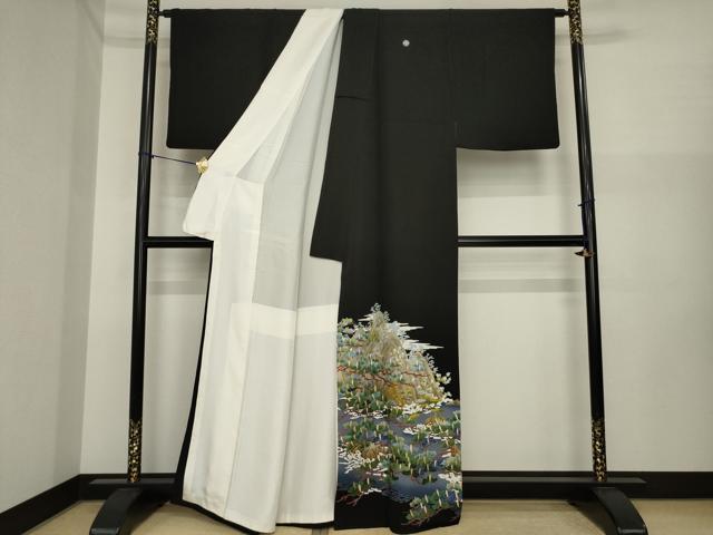 平和屋着物●豪華黒留袖　蘇州刺繍　飛鶴風景松文　正絹　逸品　AABI6955ck