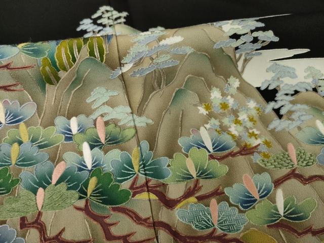 平和屋着物●豪華黒留袖　蘇州刺繍　飛鶴風景松文　正絹　逸品　AABI6955ck