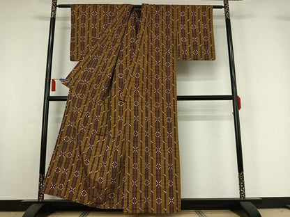 平和屋着物▽上質な紬　単衣　格子　正絹　逸品　AABI6961jh