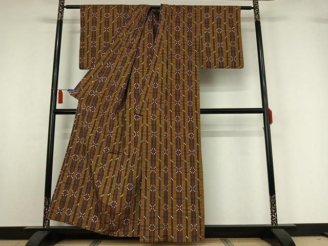 平和屋着物▽上質な紬　単衣　格子　正絹　逸品　AABI6961jh
