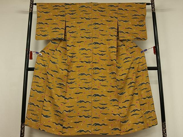 平和屋着物▽上質な小紋　単衣　型染め　流水花文　正絹　逸品　AABI6962jh