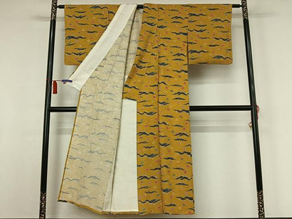 平和屋着物▽上質な小紋　単衣　型染め　流水花文　正絹　逸品　AABI6962jh