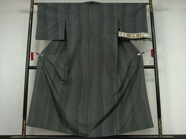 平和屋着物▽本塩沢　単衣　やまだ織　110亀甲　縞　証紙付き　正絹　逸品　AABI6963jh