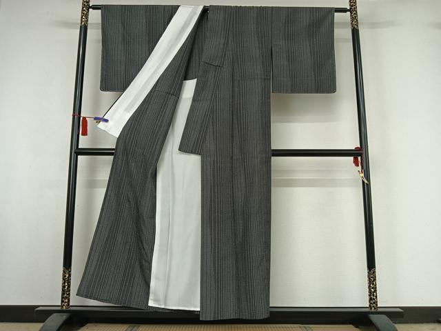 平和屋着物▽本塩沢　単衣　やまだ織　110亀甲　縞　証紙付き　正絹　逸品　AABI6963jh