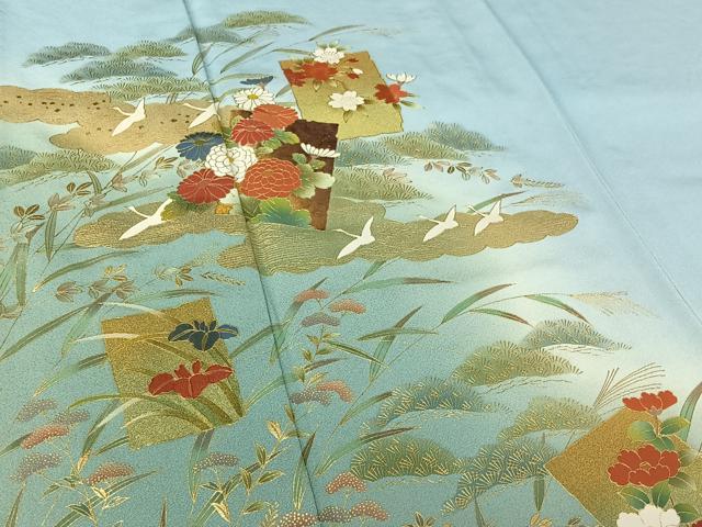 平和屋着物▽訪問着　単衣　飛鶴花文　暈し染め　金彩　正絹　逸品　AABI6975jh