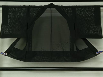 平和屋着物▽羽織　スリーシーズン　春夏秋　塵除け　草花文　黒地　正絹　逸品　AABI6978jh