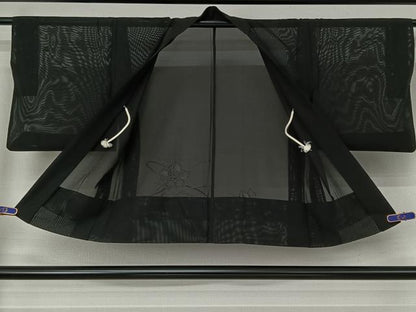 平和屋着物▽羽織　スリーシーズン　春夏秋　塵除け　草花文　黒地　正絹　逸品　AABI6978jh