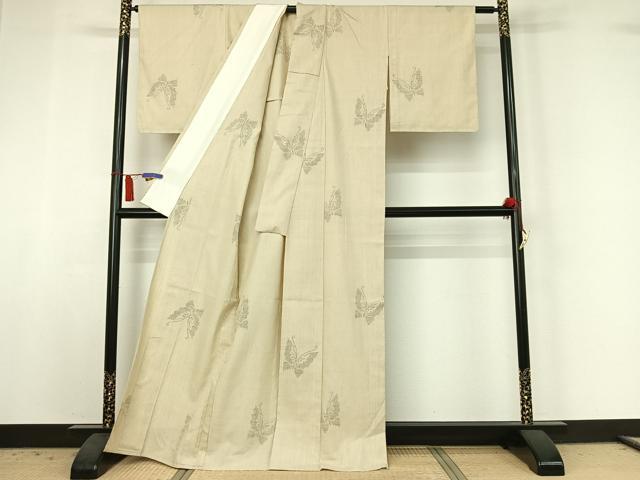 平和屋着物▽結城紬　単衣　80亀甲　舞蝶文　正絹　逸品　AABI6981jh